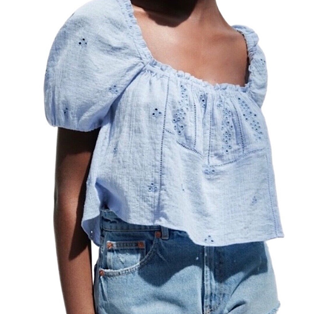 NWOT ZARA Womens XL Embroidered Eyelet Puff Sleeve Shirt Top Cropped Blue